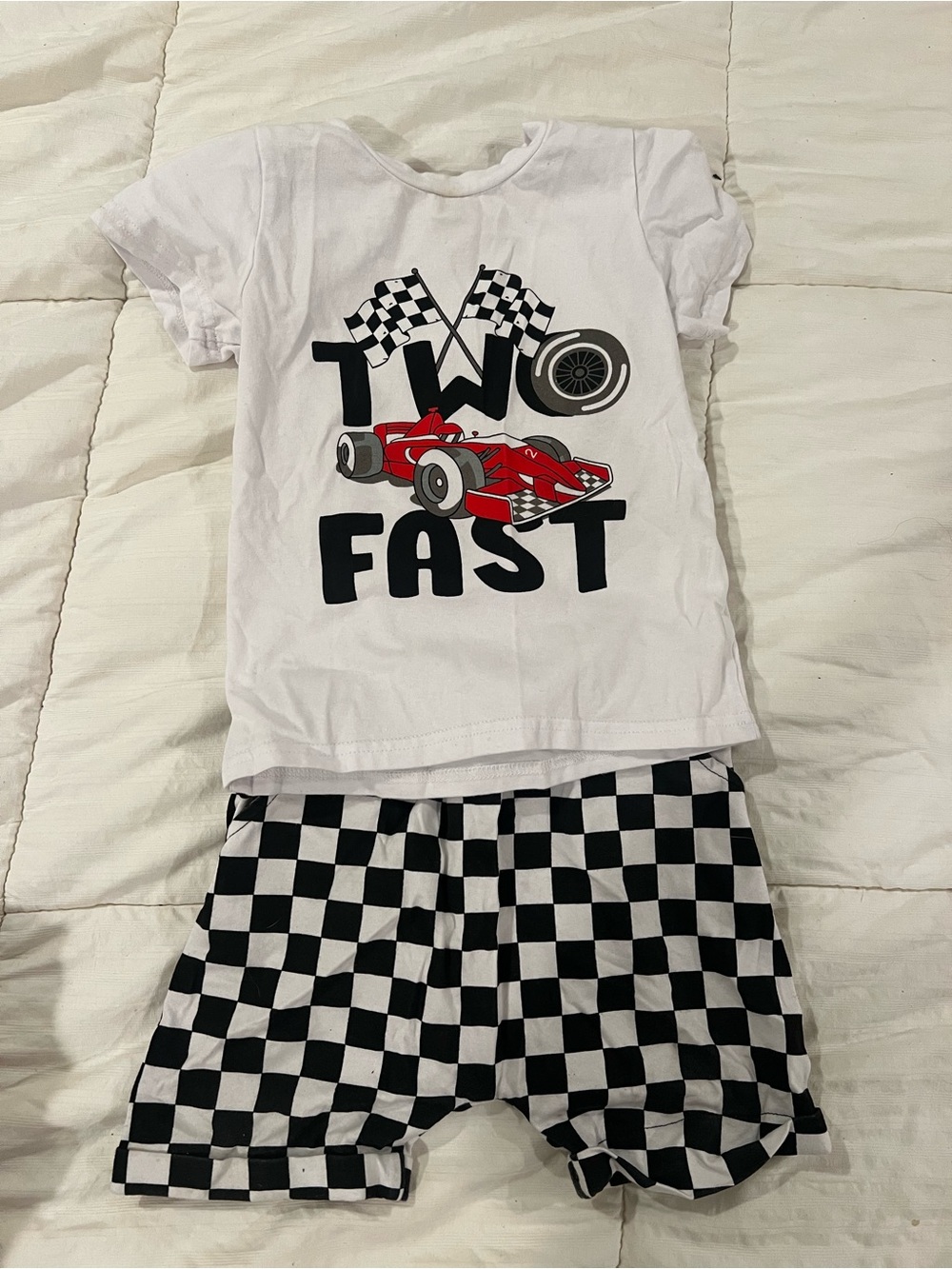 Toddler Racing Tee & Checkered Shorts Set - White & Black with Red Car Graphic